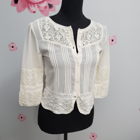 Frenchi Tops - Frenchi Sheer ButtonDown Ivory Blouse cottage core